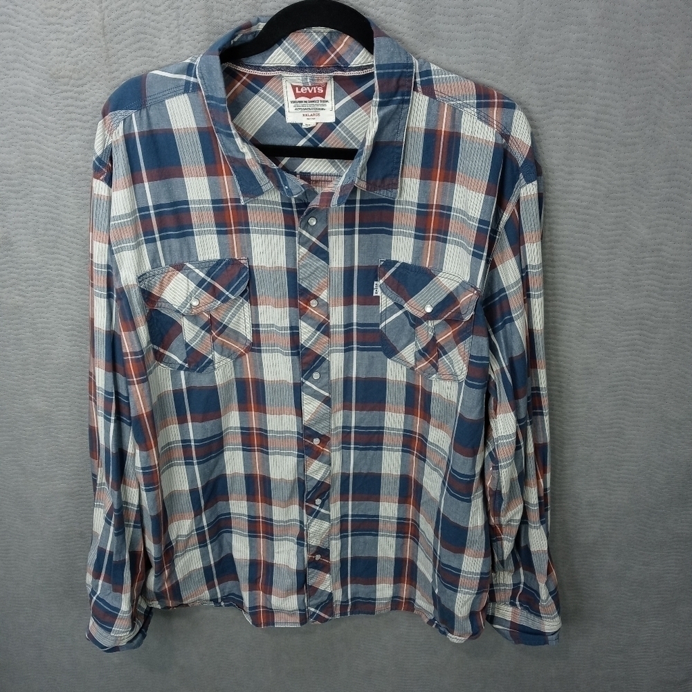 Levi's men's long sleeve white pearl button front blue/red plaid cotton Western